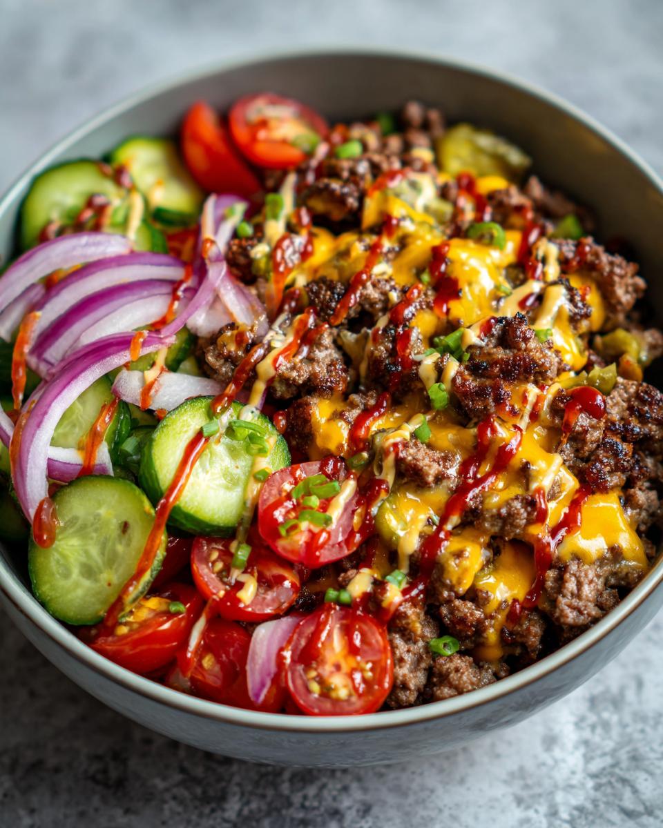 A close-up of a High-Protein Cheeseburger Bowl filled with seasoned ground beef, melted cheese, cherry tomatoes, cucumber, and red onion.