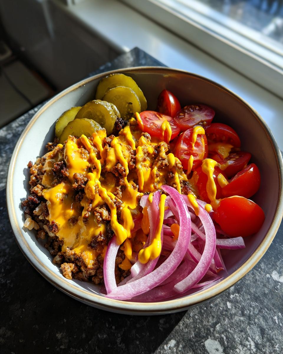 A delicious High-Protein Cheeseburger Bowl filled with seasoned ground beef, melted cheese, rice, cherry tomatoes, red onion, and pickles.