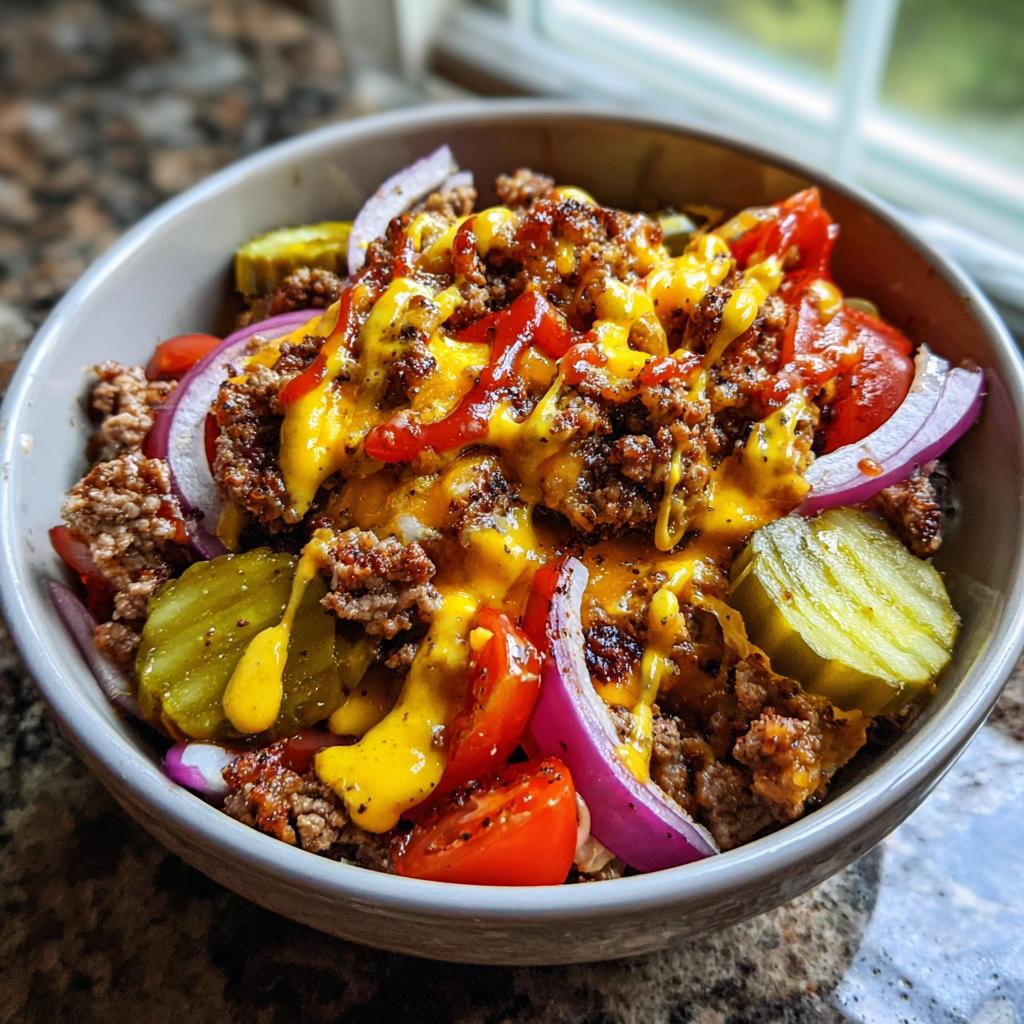 A bowl filled with a High-Protein Cheeseburger Bowl recipe, featuring seasoned ground beef, melted cheese, pickles, tomatoes, and onions.