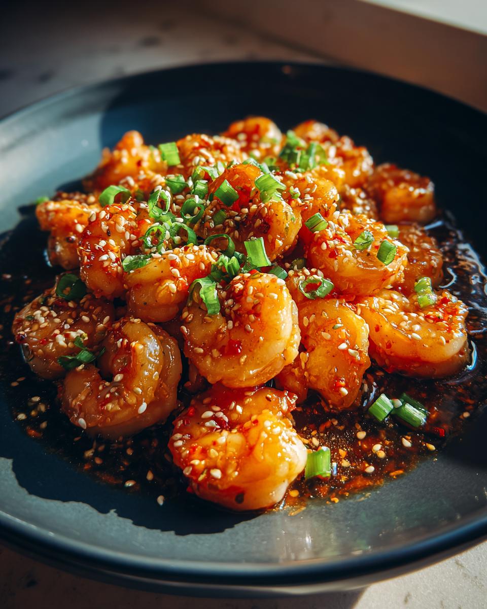 A close-up of glistening High-Protein Honey Garlic Shrimp, topped with sesame seeds and chopped green onions.