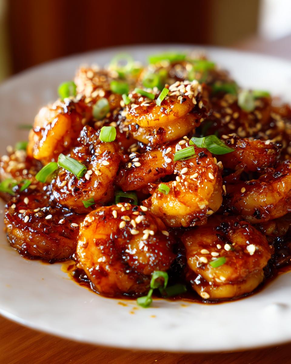 A close-up of glistening High-Protein Honey Garlic Shrimp coated in a rich sauce, sprinkled with sesame seeds and green onions.