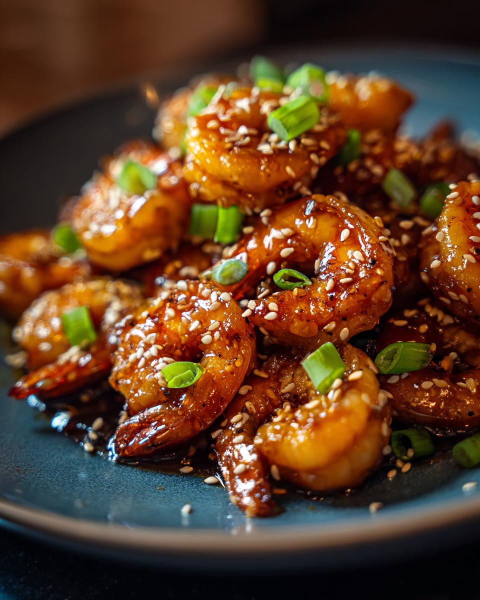 A close-up of glistening High-Protein Honey Garlic Shrimp, coated in a rich sauce and sprinkled with sesame seeds and green onions.