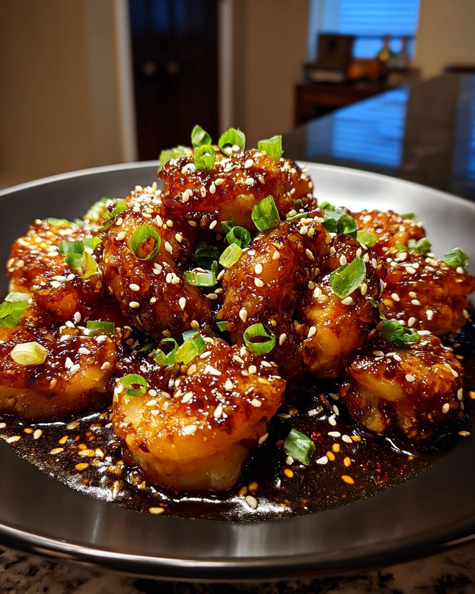 A close-up of a plate piled high with glistening High-Protein Honey Garlic Shrimp, garnished with sesame seeds and chopped green onions.