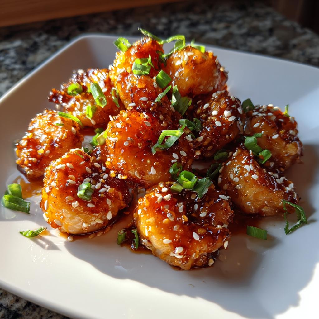 A close-up of a white plate filled with glistening High-Protein Honey Garlic Shrimp, sprinkled with sesame seeds and green onions.