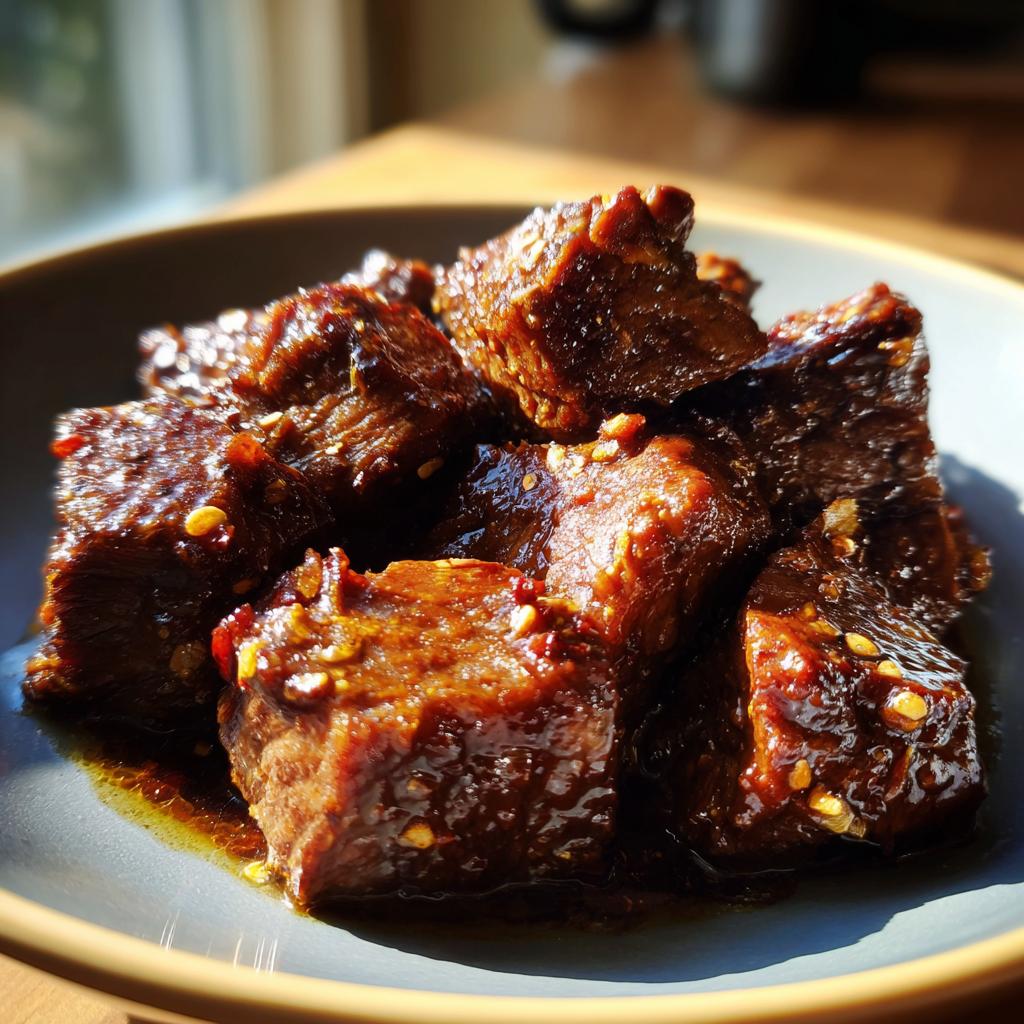 Close-up of tender High Protein Slow Cooker Garlic Butter Beef Bites coated in a glossy sauce with chili flakes.