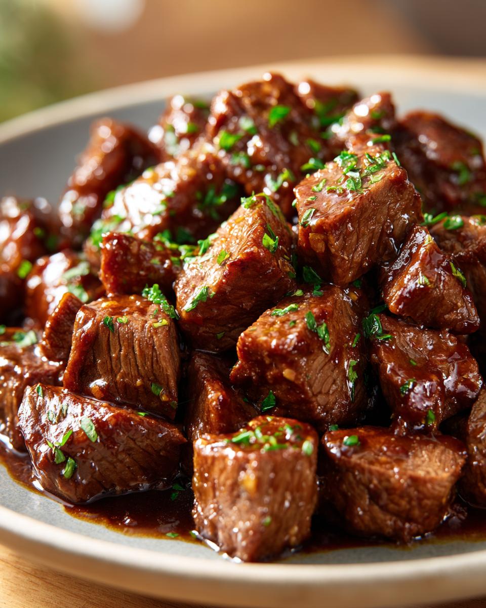 Close-up of tender High Protein Slow Cooker Garlic Butter Beef Bites, glistening in a rich sauce and sprinkled with fresh parsley.