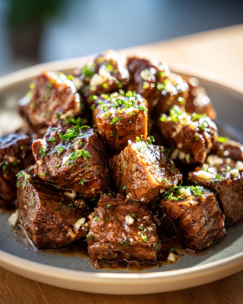 A close-up of tender High Protein Slow Cooker Garlic Butter Beef Bites, glistening with sauce and sprinkled with fresh parsley.