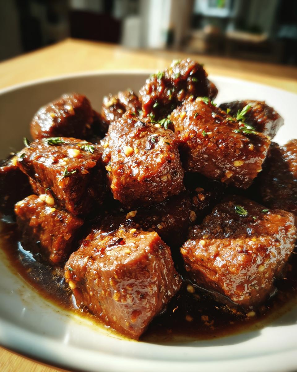 Close-up of tender High Protein Slow Cooker Garlic Butter Beef Bites in a rich sauce, garnished with herbs.