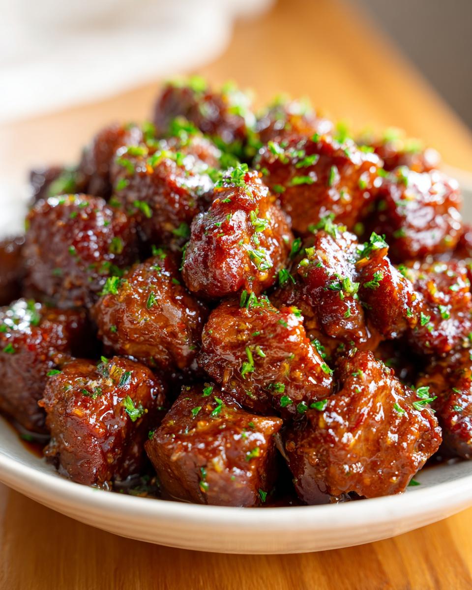 A close-up of a bowl filled with glistening High Protein Slow Cooker Garlic Butter Beef Bites, garnished with fresh parsley.