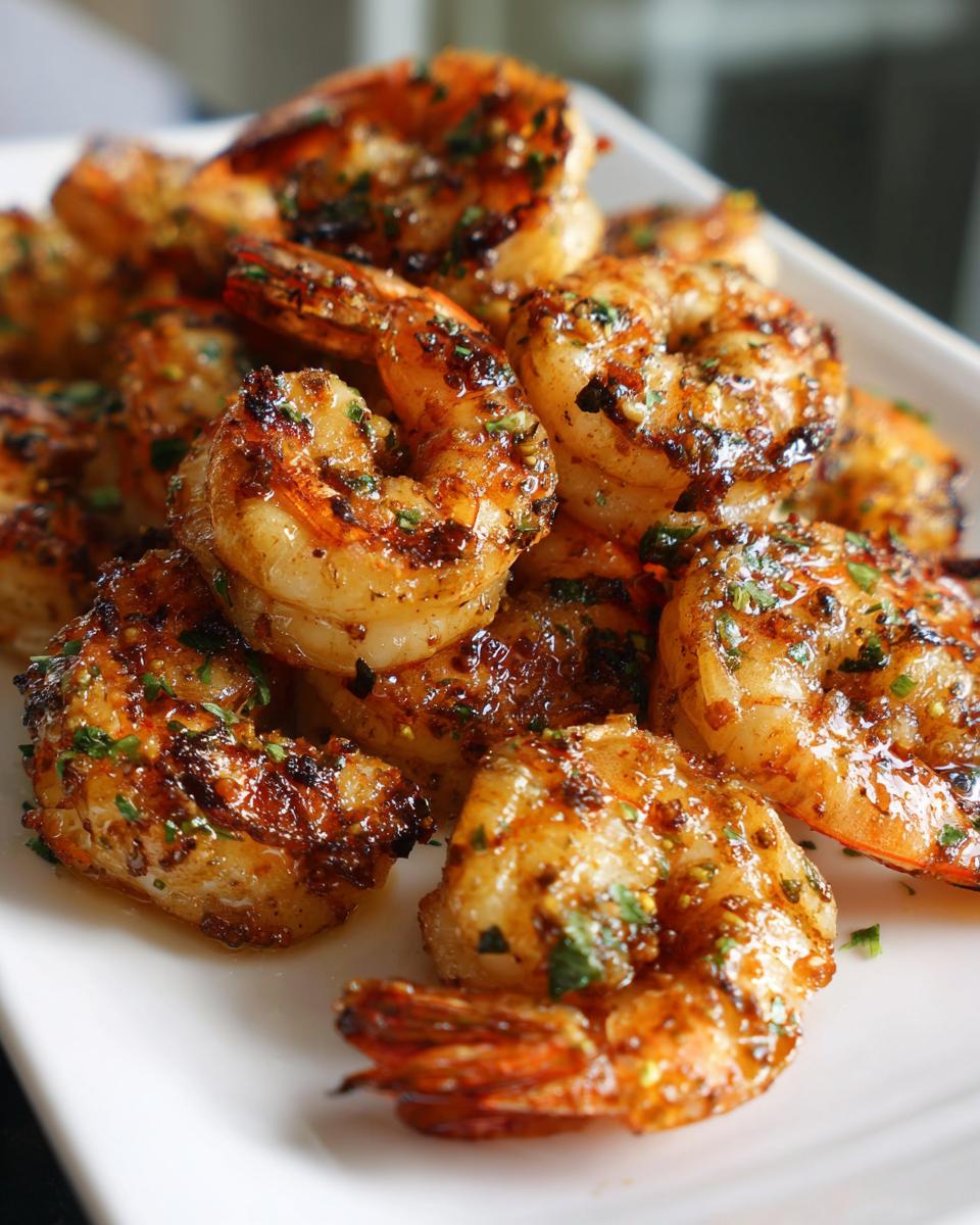 Close-up of grilled honey lime shrimp, glistening and seasoned with herbs, ready for a fast cookout.