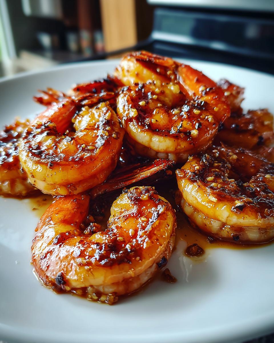 Close-up of glistening honey lime shrimp, perfect for fast cookouts.