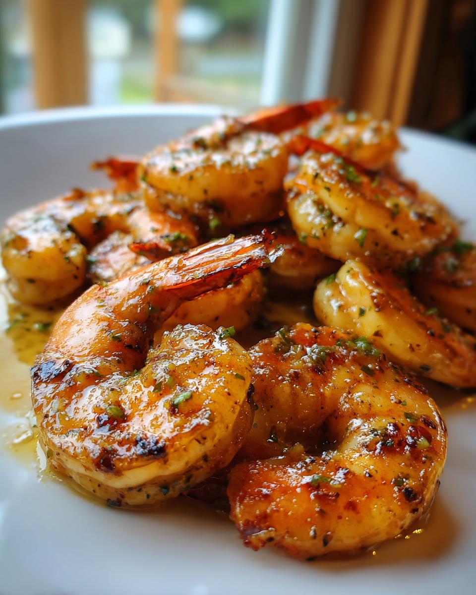 Close-up of glistening honey lime shrimp, perfect for fast cookouts.