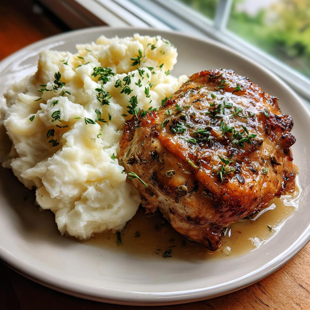 A close-up of Irresistible Garlic Herb Chicken served with a generous portion of creamy mashed potatoes, garnished with fresh herbs.