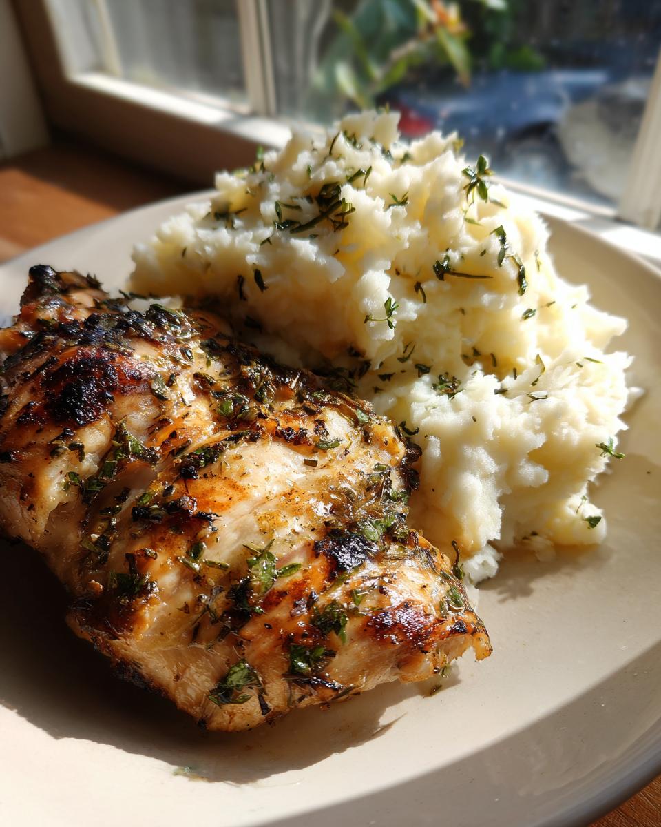 A plate of Irresistible Garlic Herb Chicken with Creamy Mashed Potatoes, garnished with fresh herbs.