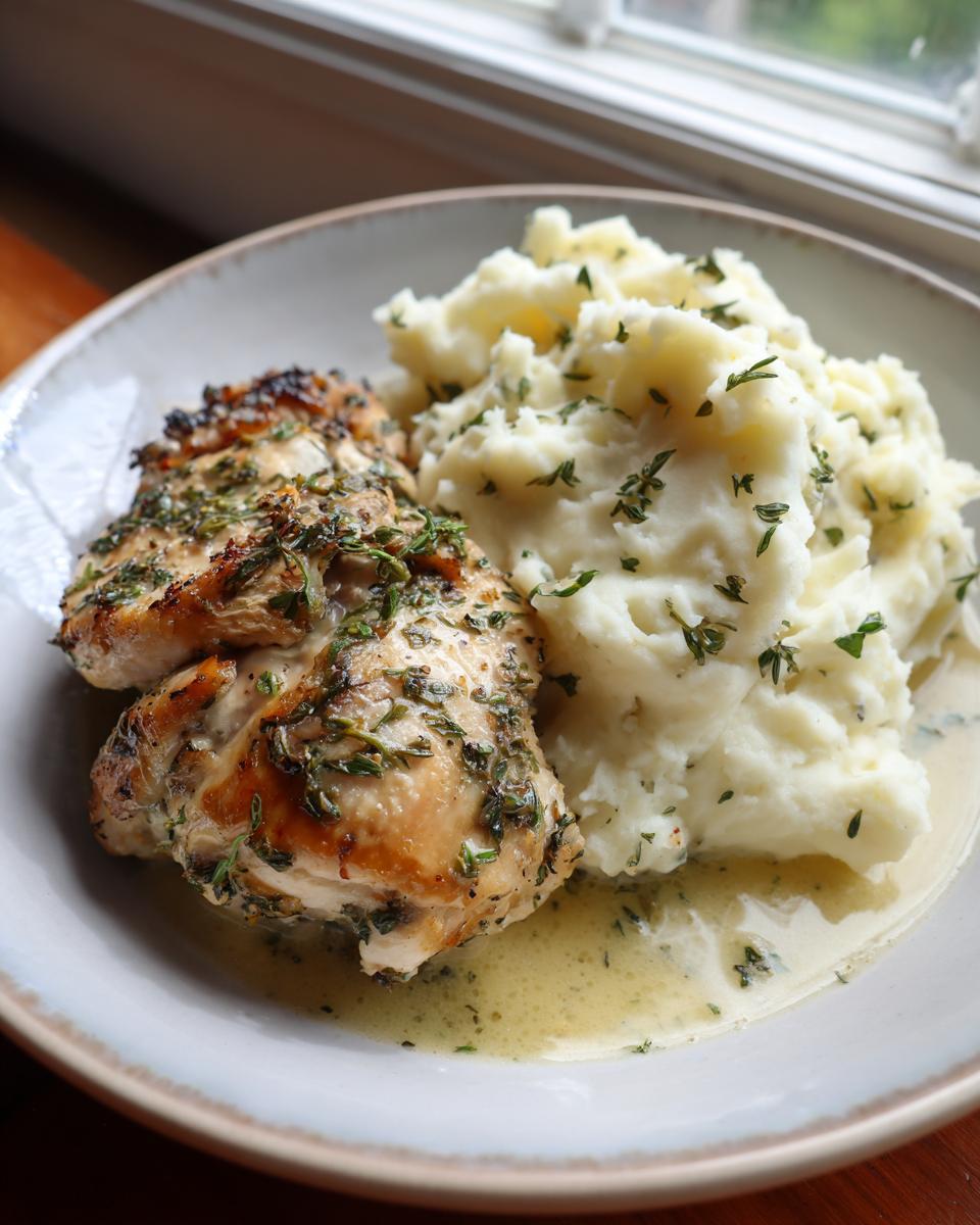 A close-up of Irresistible Garlic Herb Chicken served with creamy mashed potatoes, garnished with herbs.
