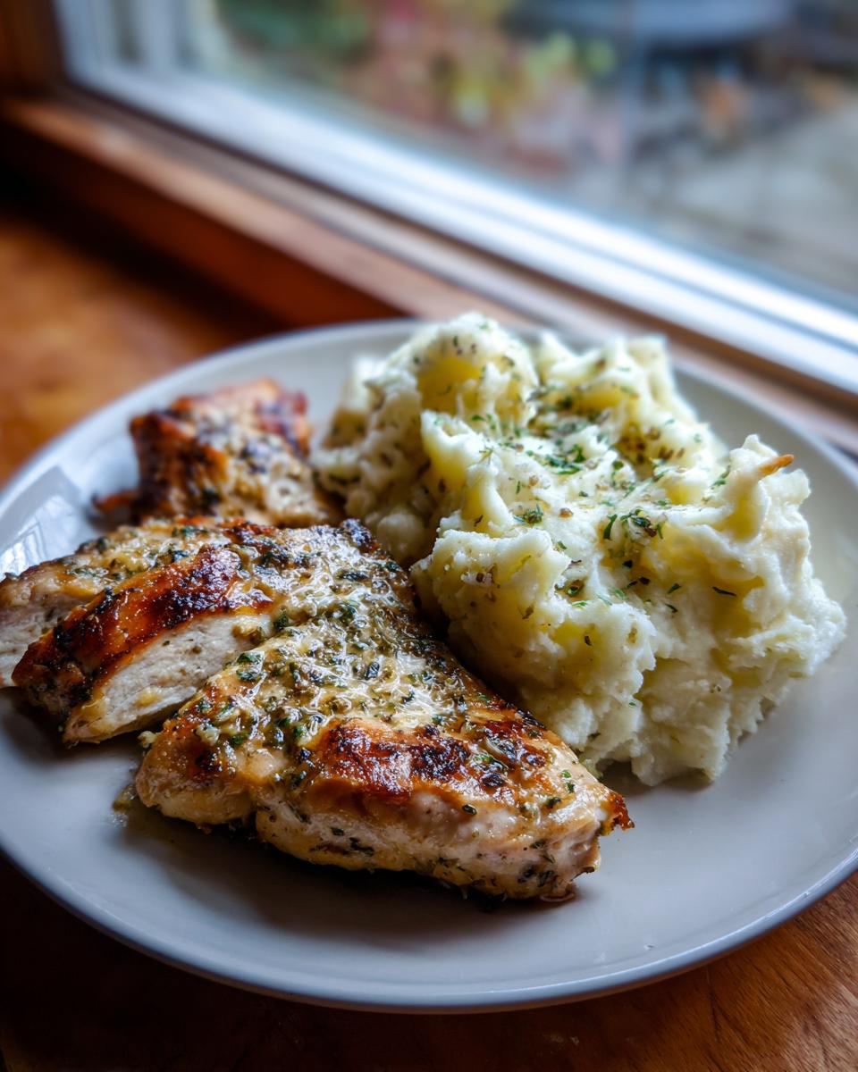 A plate of Irresistible Garlic Herb Chicken served with creamy mashed potatoes, garnished with herbs.