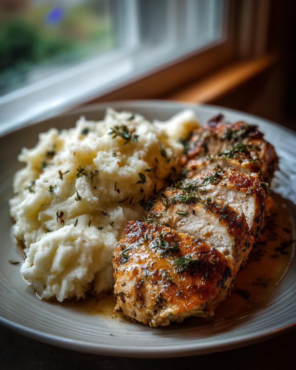 A plate of Irresistible Garlic Herb Chicken with creamy mashed potatoes, garnished with fresh herbs.