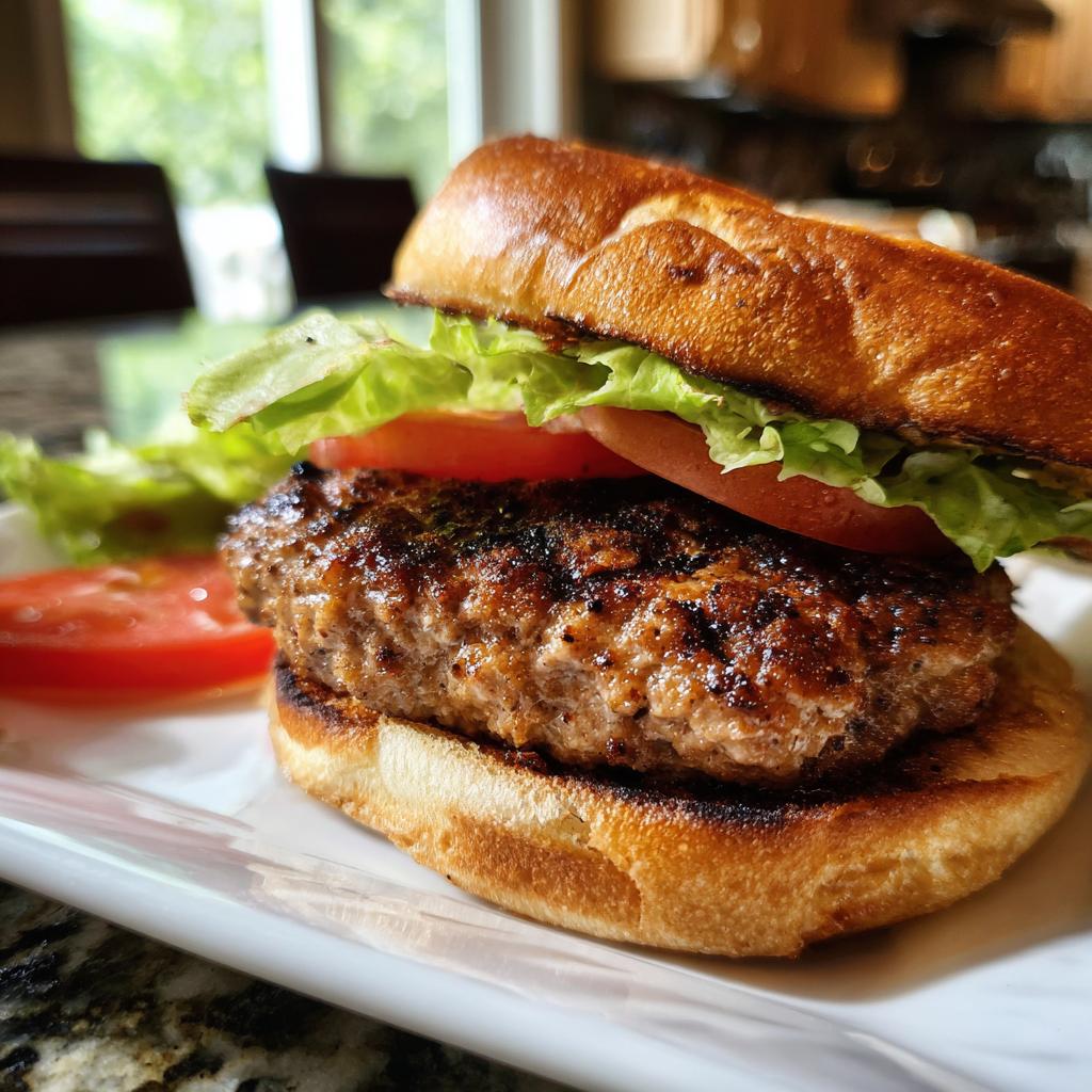 A close-up of a juicy turkey burger on a toasted bun with lettuce and tomato, showcasing grilling recipes.