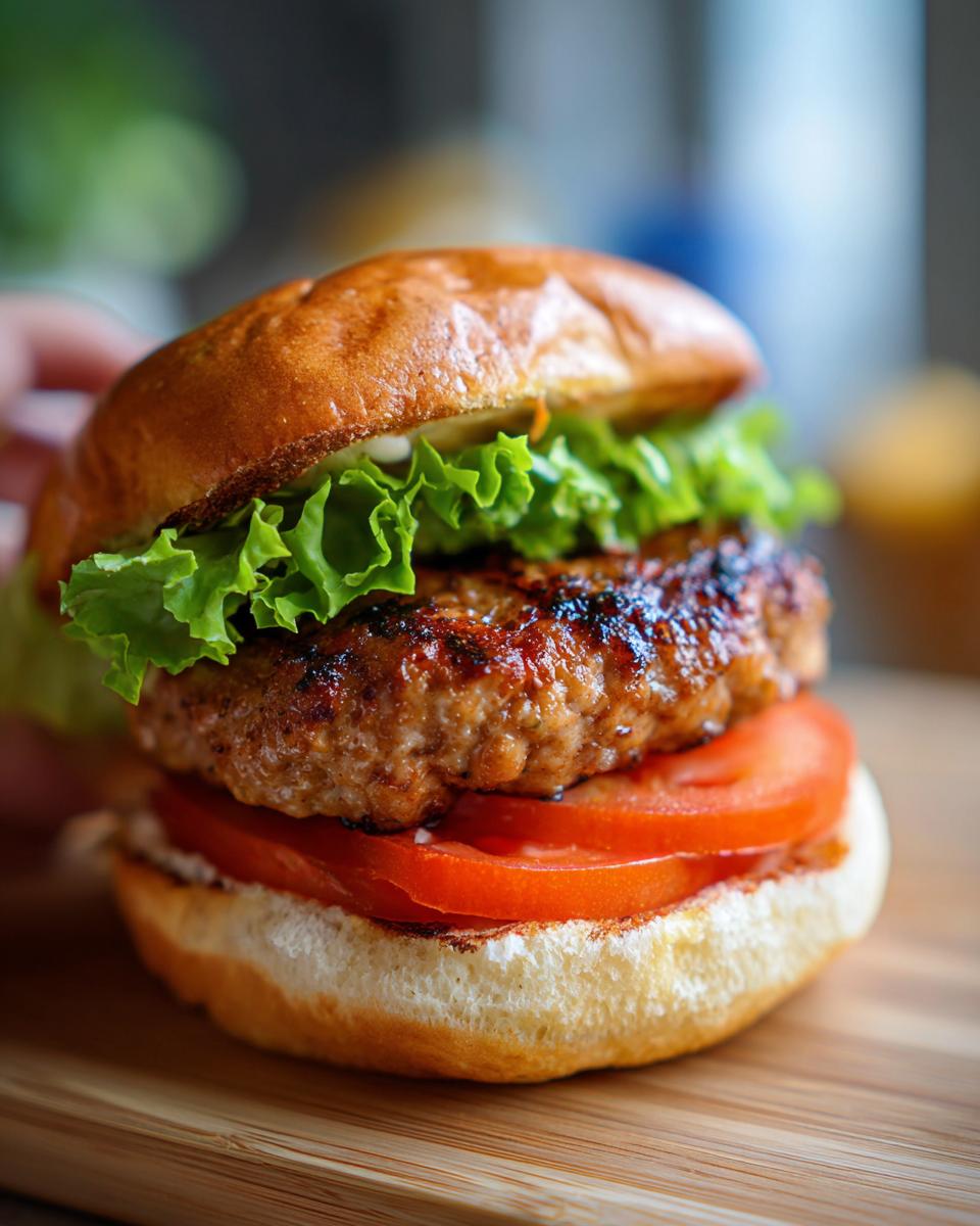 A close-up of a juicy turkey burger with lettuce and tomato on a toasted bun, perfect for grilling recipes.