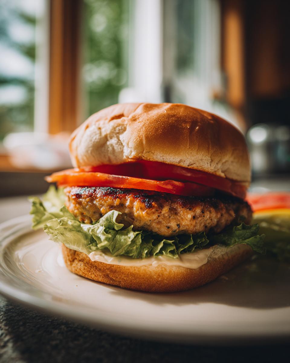 A close-up of a juicy turkey burger with lettuce, tomato, and sauce on a bun, ready to be served.