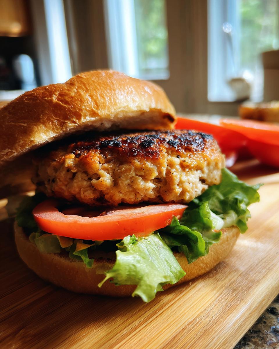 A close-up of a juicy turkey burger with lettuce and tomato on a bun, ready to be served.