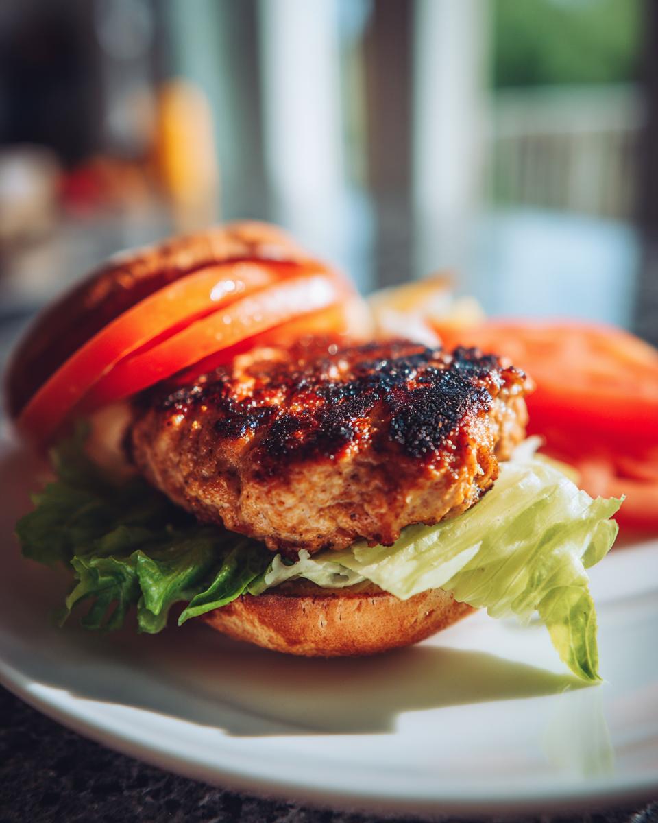 Close-up of a juicy turkey burger on a bun with lettuce and tomato slices, ready to eat.