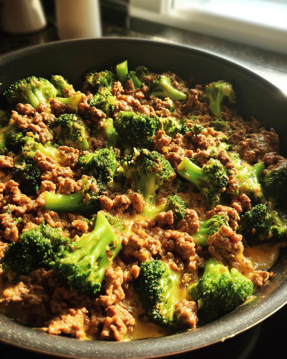 Close-up of a Keto Hamburger Broccoli Skillet with ground beef and broccoli florets in a creamy sauce.