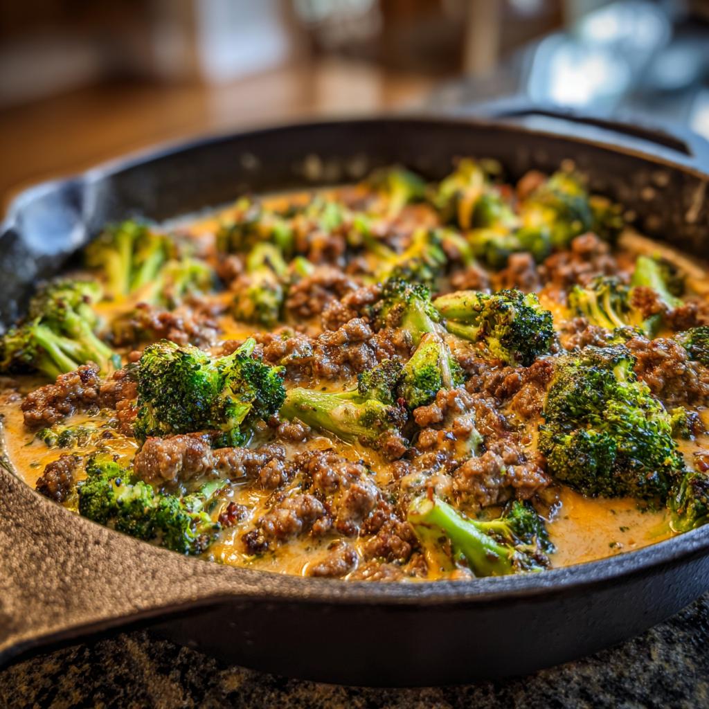 Close-up of a Keto Hamburger Broccoli Skillet in a cast iron pan, showing ground beef and broccoli in a creamy sauce.