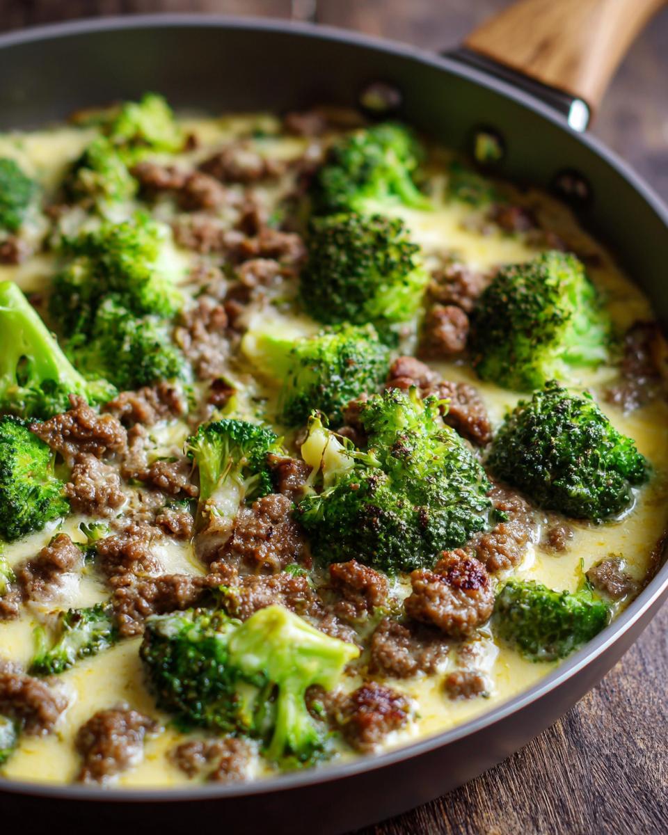 A close-up of a Keto Hamburger Broccoli Skillet in a pan, featuring ground beef and broccoli florets in a creamy sauce.