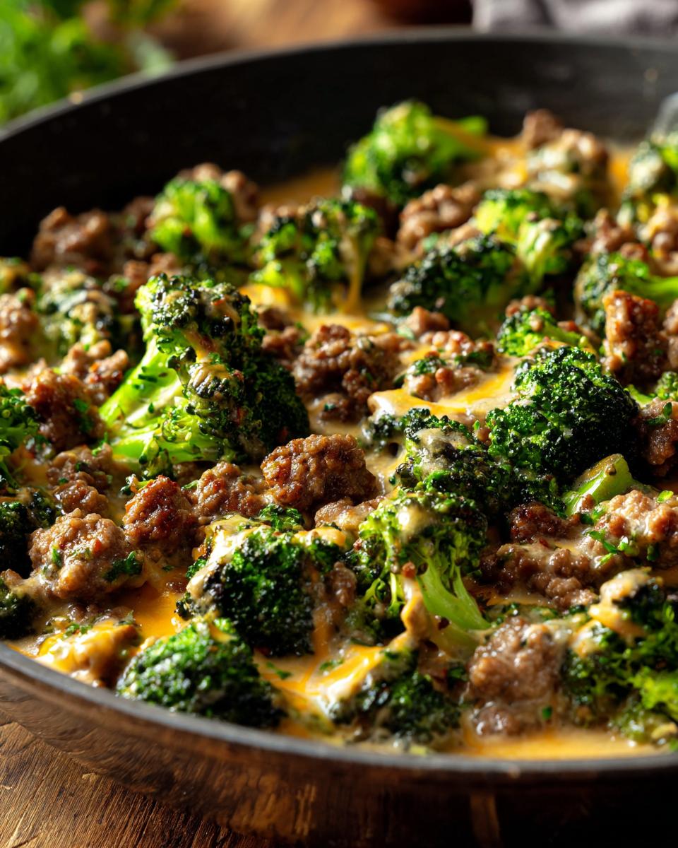 Close-up of a Keto Hamburger Broccoli Skillet in a black pan, with ground beef and broccoli florets in a cheesy sauce.