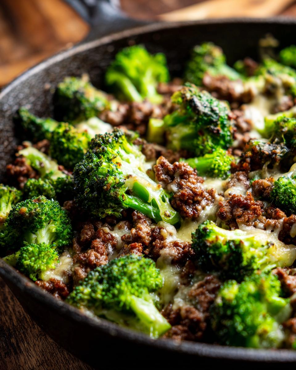 Close-up of a Keto Hamburger Broccoli Skillet in a cast iron pan, featuring ground beef and broccoli florets with melted cheese.