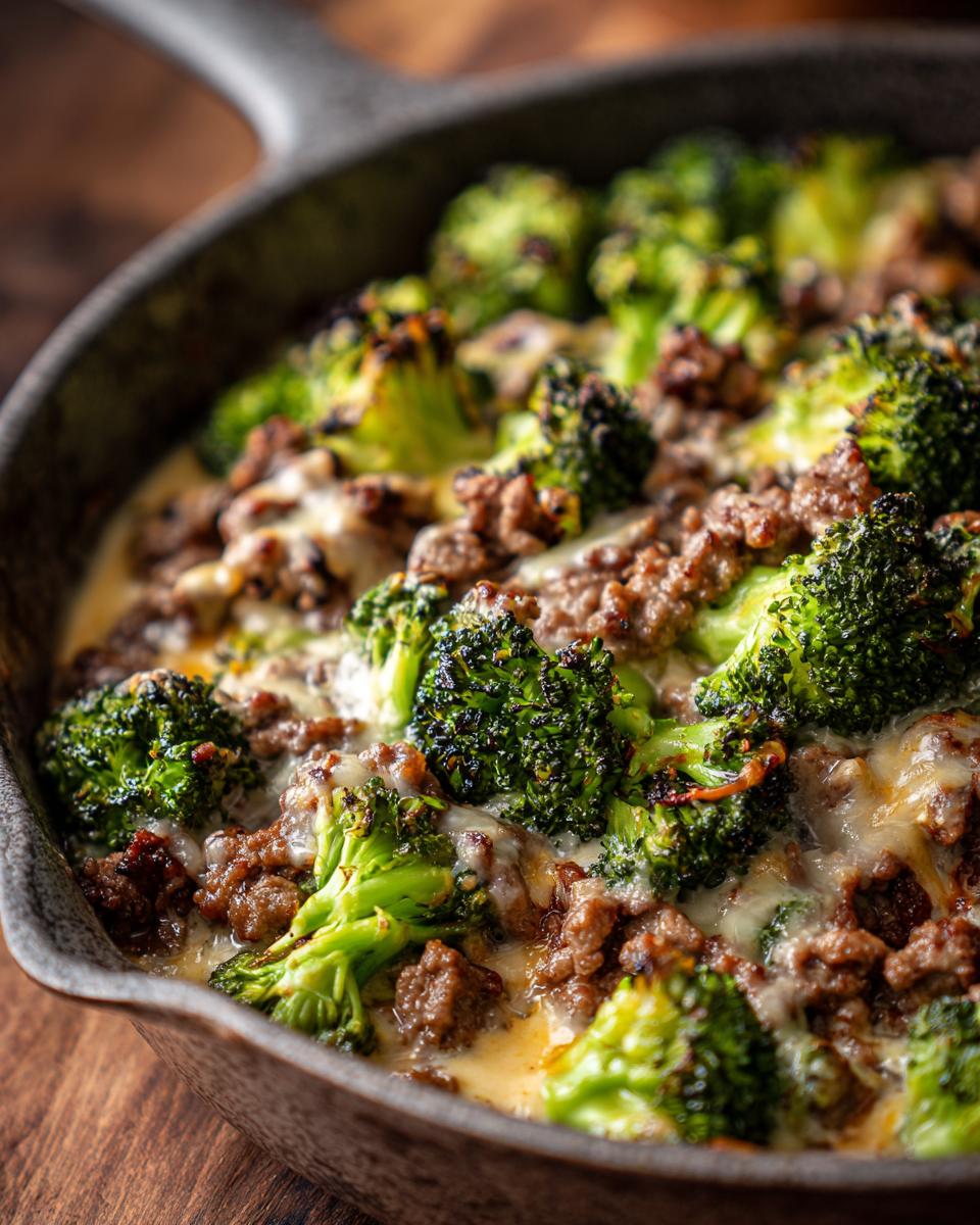 Close-up of a Keto Hamburger Broccoli Skillet in a cast iron pan, showing browned ground beef and roasted broccoli florets with melted cheese.