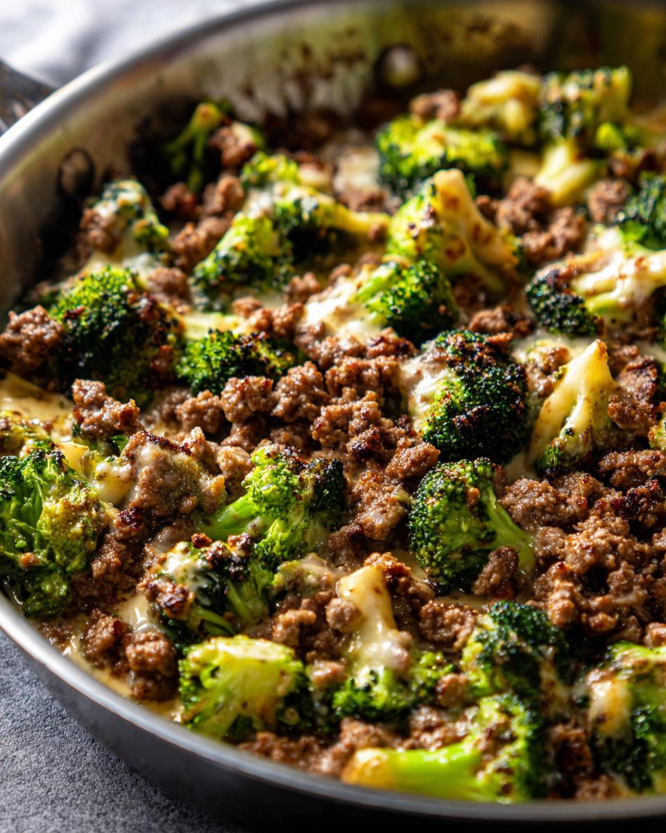 Close-up of a Keto Hamburger Broccoli Skillet with browned ground beef and tender broccoli florets covered in melted cheese.