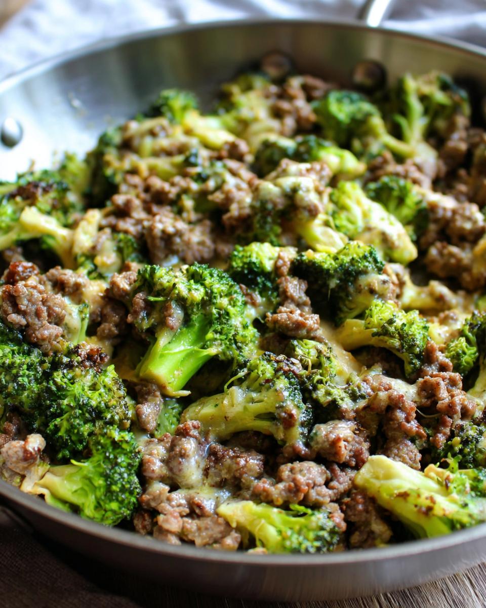 Close-up of a Keto Hamburger Broccoli Skillet in a pan, showing ground beef and broccoli with melted cheese.