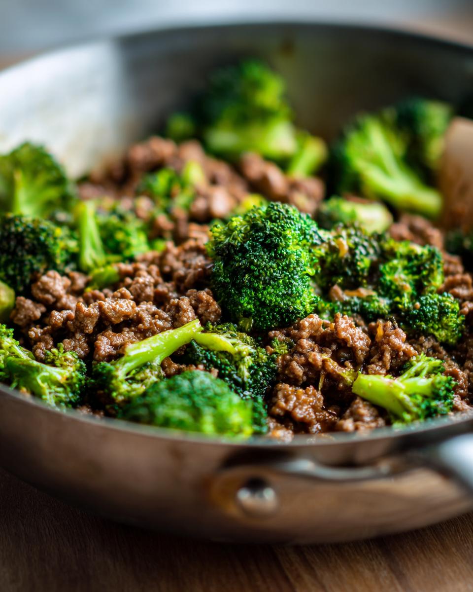 Close-up of a Keto Hamburger Broccoli Skillet in a stainless steel pan, showing seasoned ground beef and vibrant broccoli florets.