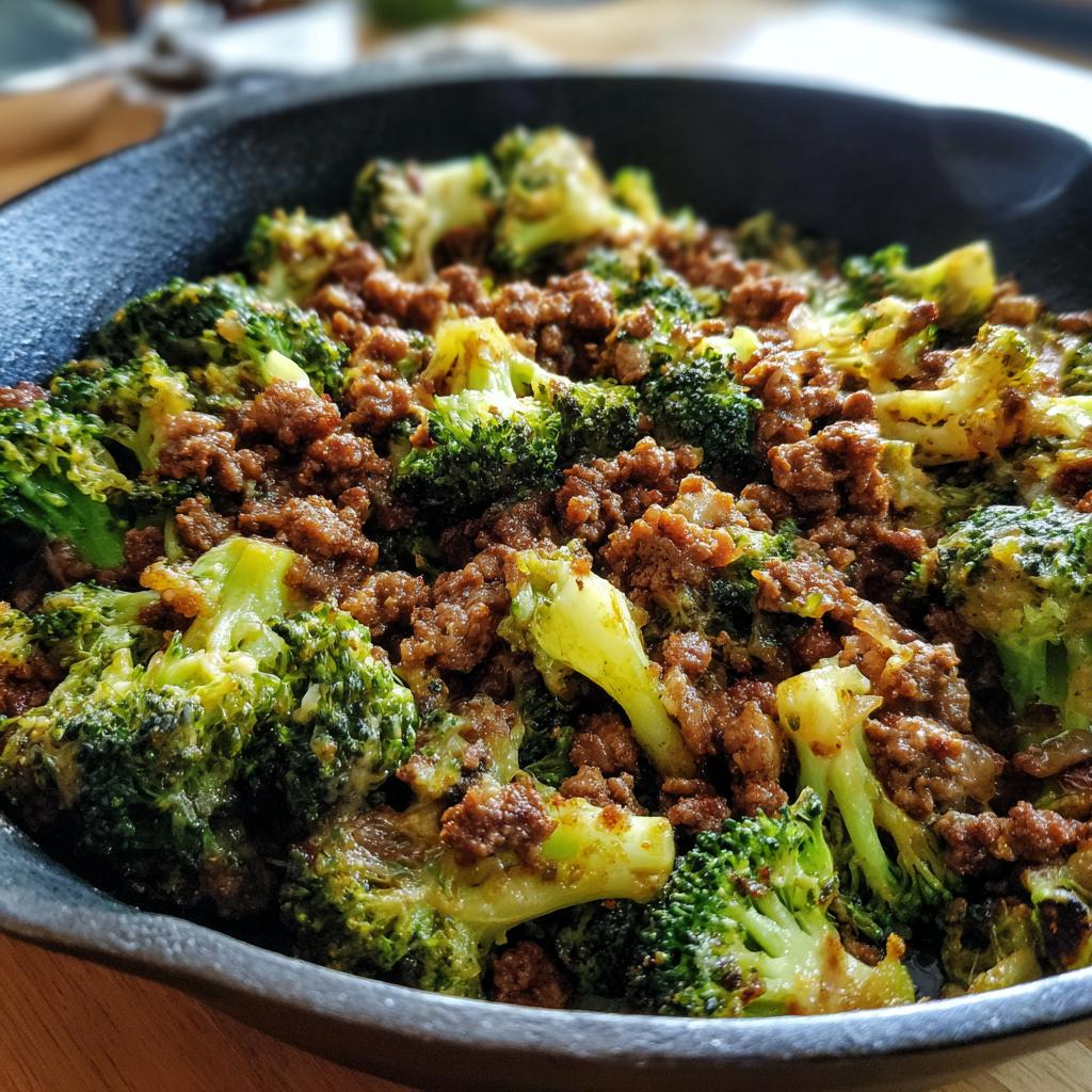 Close-up of a Keto Hamburger Broccoli Skillet in a cast iron pan, showing seasoned ground beef mixed with tender broccoli florets.