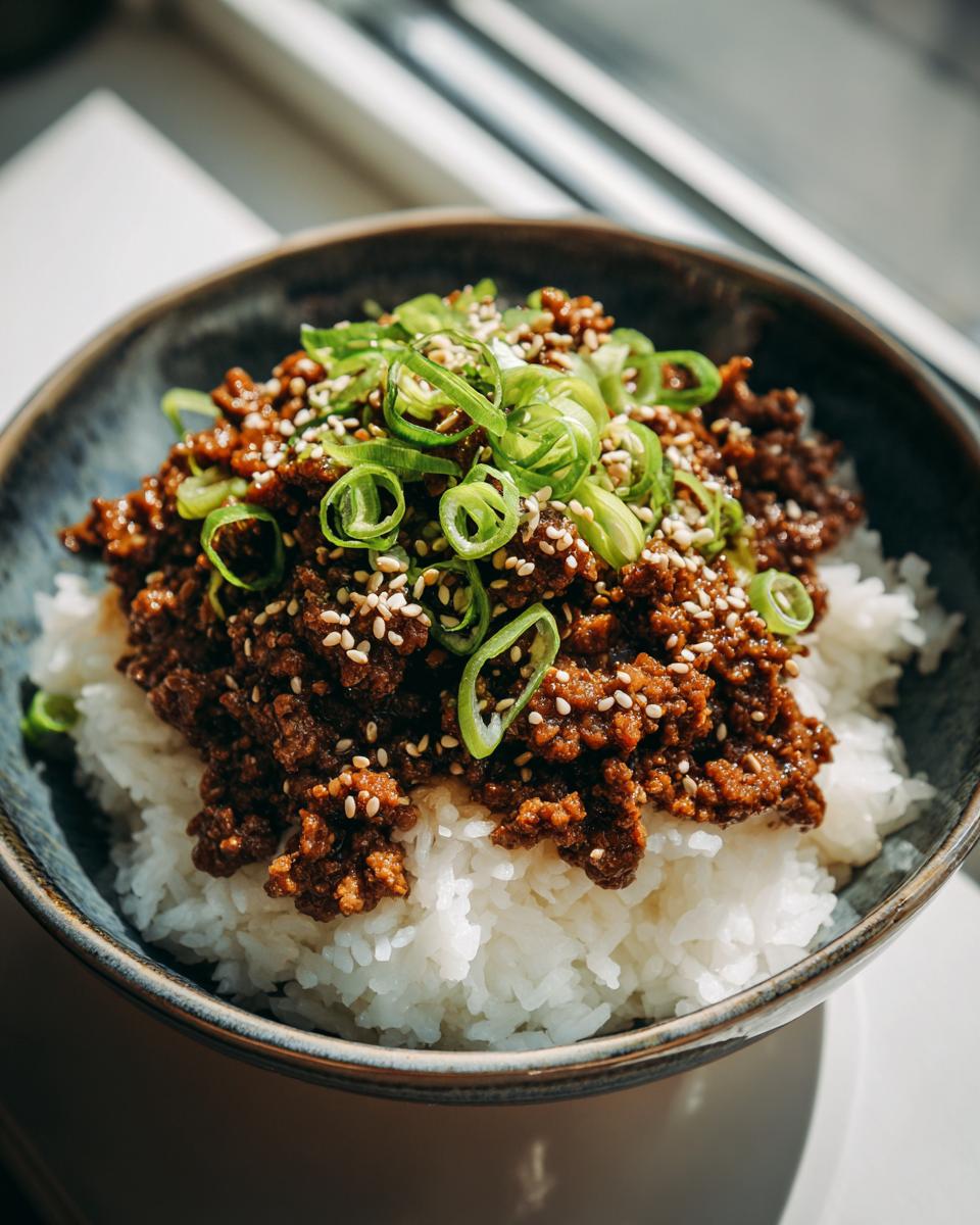 A close-up of a Korean Ground Beef Bowl, featuring fluffy white rice topped with savory ground beef and garnished with green onions and sesame seeds.