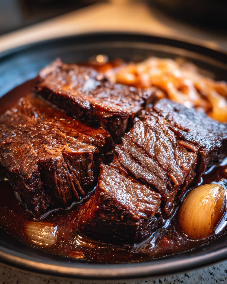 Close-up of tender Korean Style Pot Roast with chunks of beef, braised onions, and rich sauce.