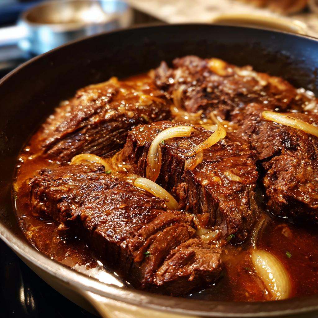 Close-up of succulent Korean Style Pot Roast pieces braising in a rich, glossy sauce with sliced onions.