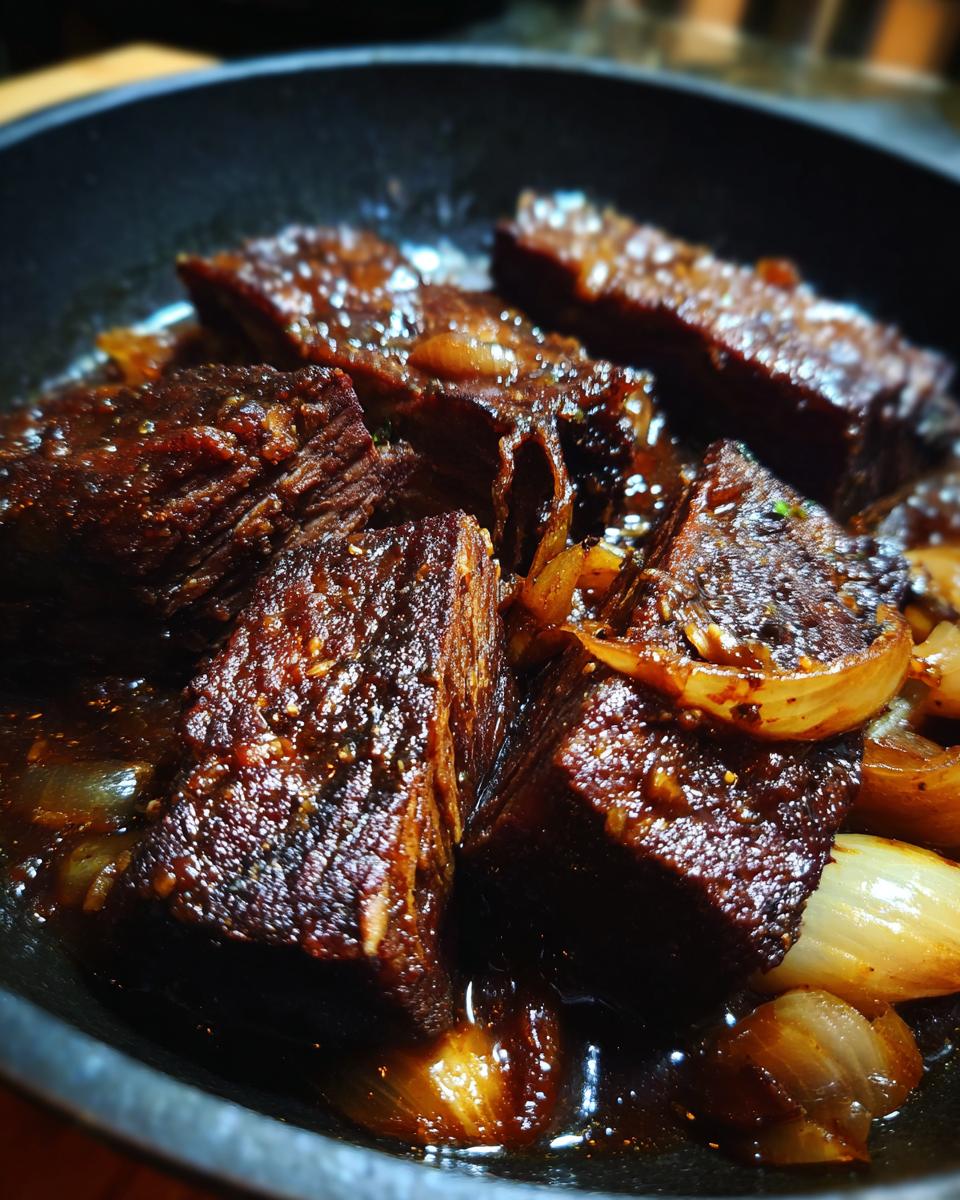 Close-up of tender chunks of Korean Style Pot Roast braised with onions in a dark, rich sauce.