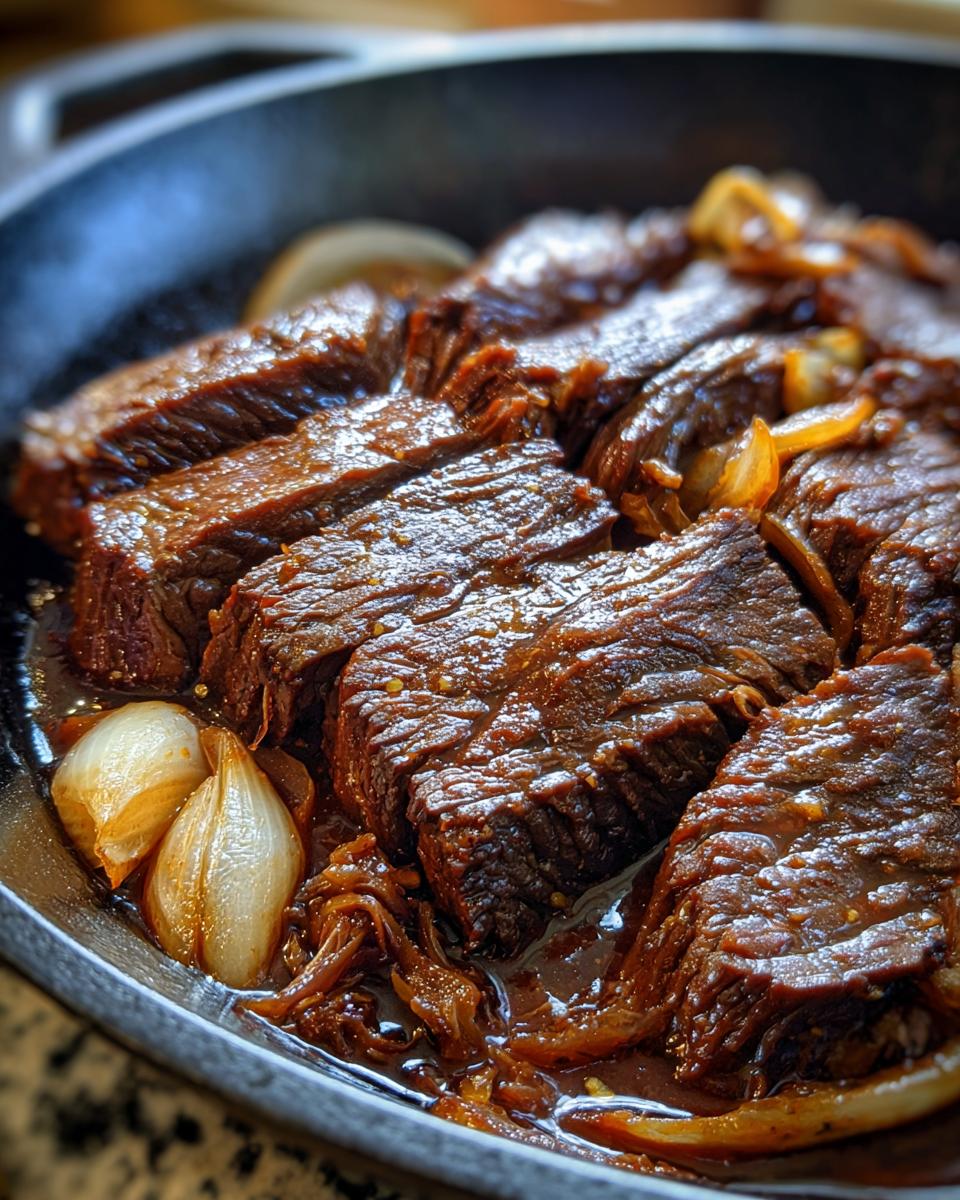 Close-up of tender, sliced Korean Style Pot Roast with onions in a rich, glossy sauce.
