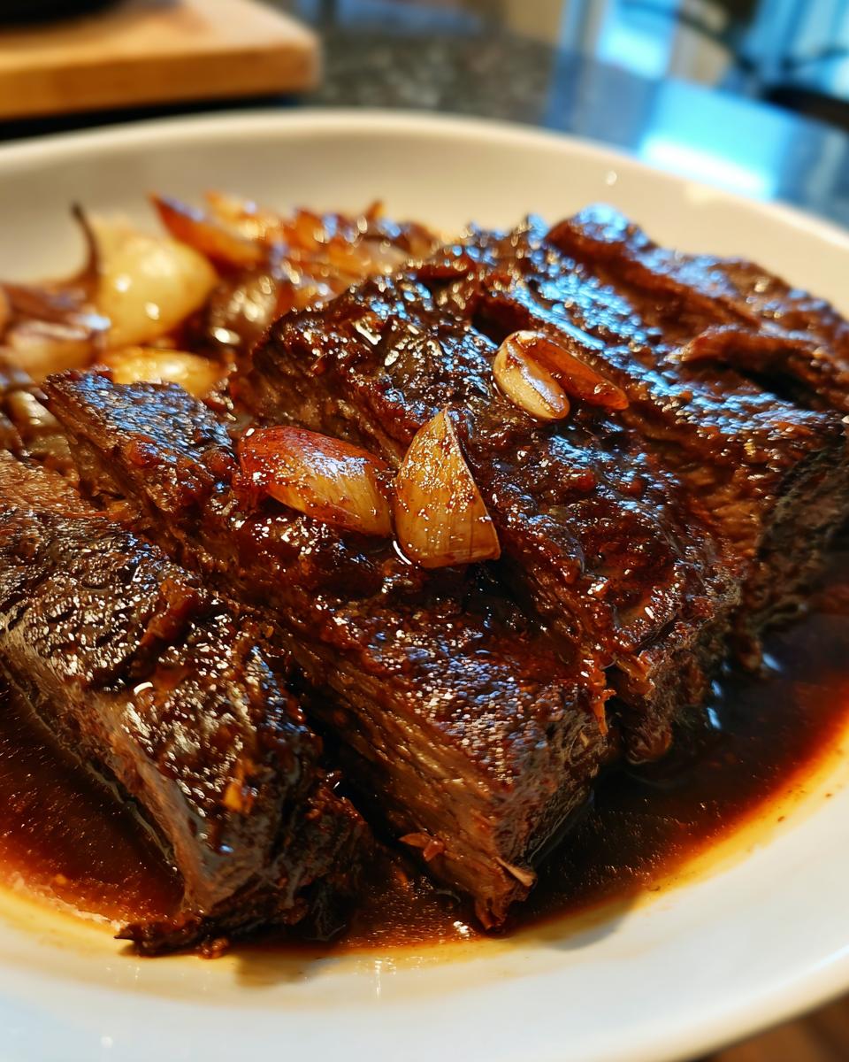 Close-up of tender slices of Korean Style Pot Roast, glazed in a rich sauce with garlic and onions.