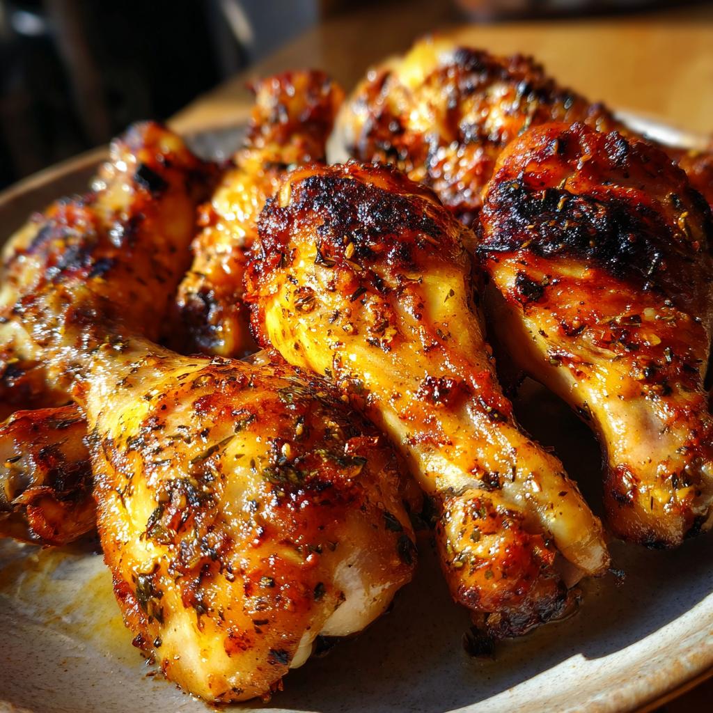 Close-up of perfectly grilled lemon garlic drumsticks, glistening with sauce and herbs.