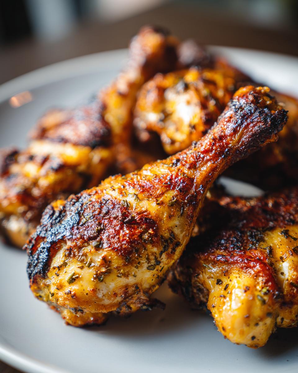 Close-up of perfectly grilled lemon garlic drumsticks with crispy skin and herbs.