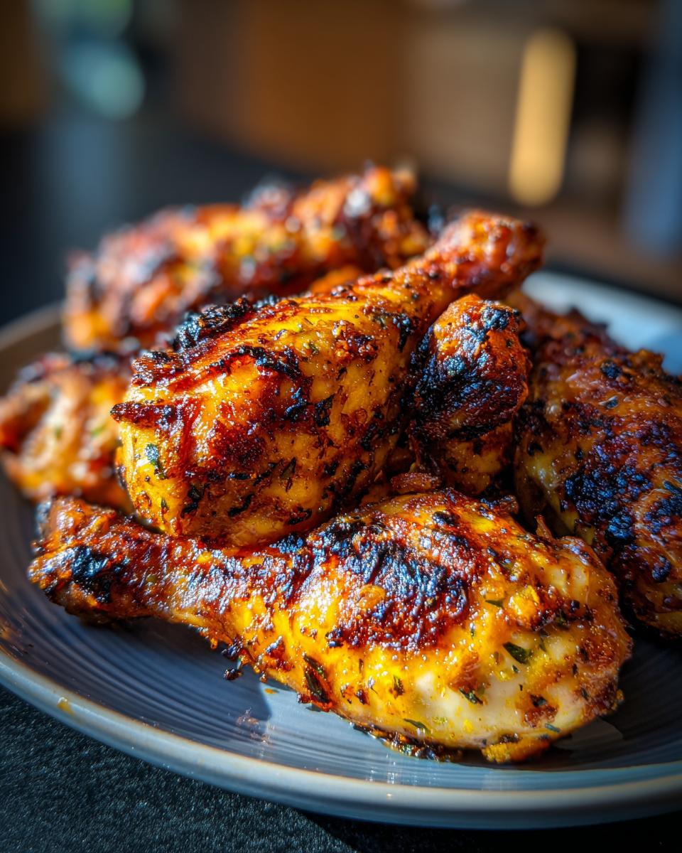 Close-up of a plate piled high with juicy, grilled lemon garlic drumsticks, perfectly charred.