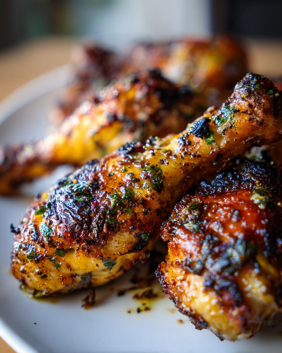 Close-up of grilled lemon garlic drumsticks, seasoned with herbs and spices, ready for a family cookout.
