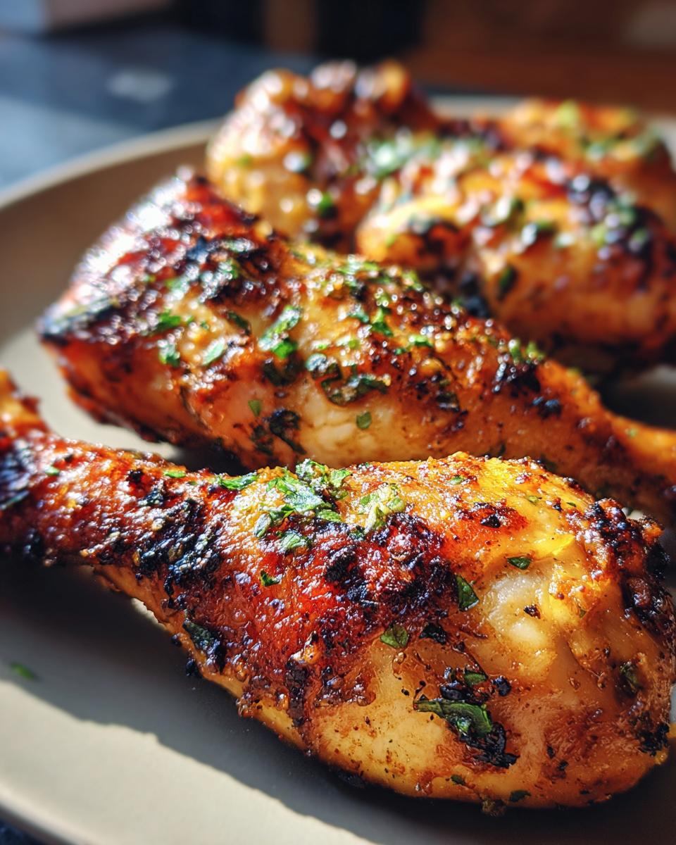 Close-up of perfectly grilled lemon garlic drumsticks, seasoned with herbs, ready for a family cookout.