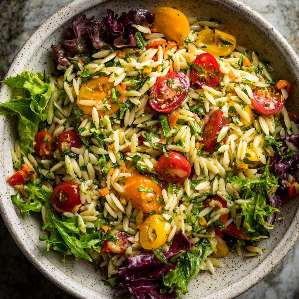 A vibrant bowl of lemony orzo salad with halved cherry tomatoes, shredded carrots, and fresh greens.