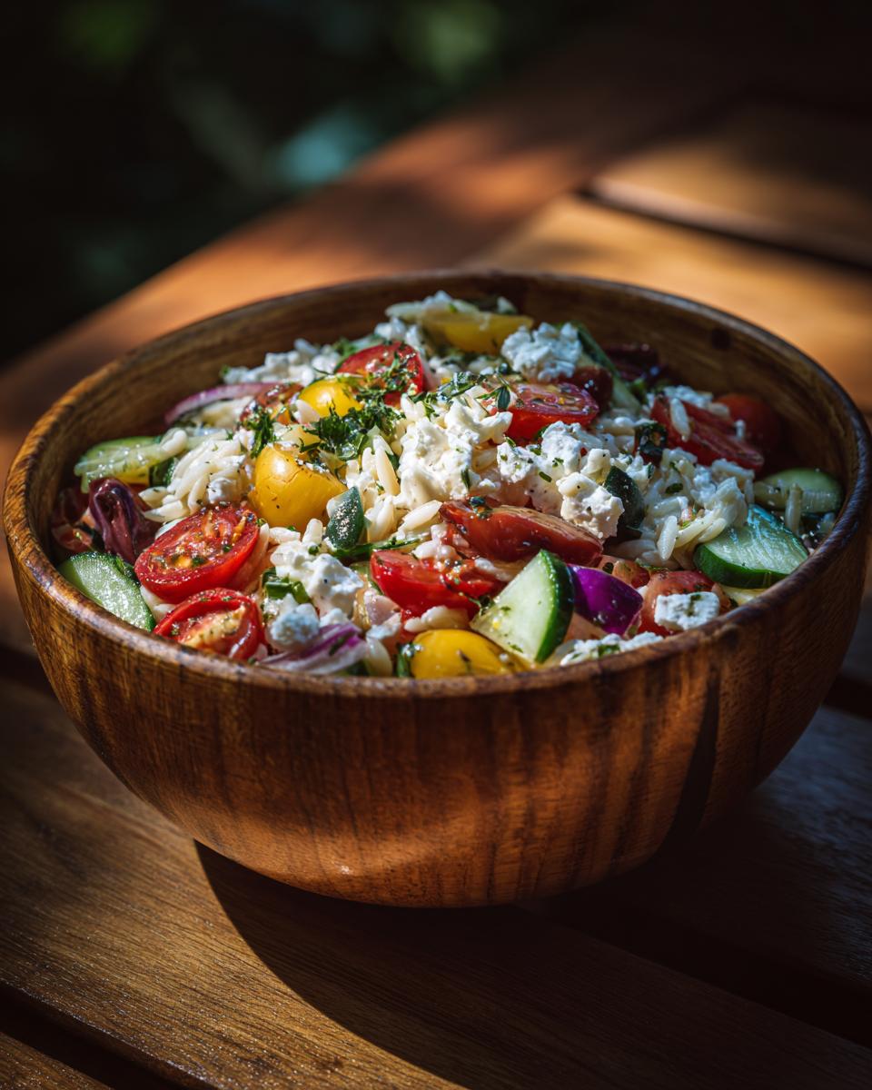 A wooden bowl filled with lemony orzo salad, featuring cherry tomatoes, cucumber, red onion, olives, and feta cheese.