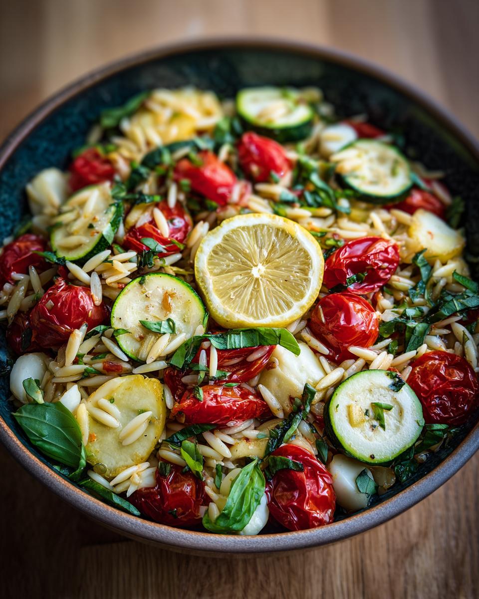 A vibrant bowl of lemony orzo salad with fresh veggies, including cherry tomatoes, zucchini, and basil, topped with a lemon slice.